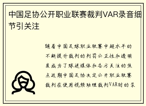 中国足协公开职业联赛裁判VAR录音细节引关注