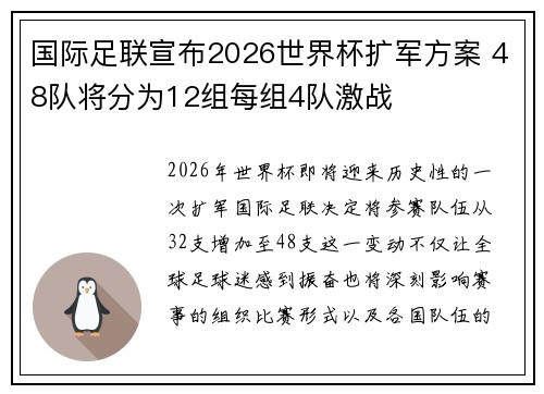 国际足联宣布2026世界杯扩军方案 48队将分为12组每组4队激战